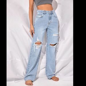 High Waisted Ripped Straight Leg Jeans